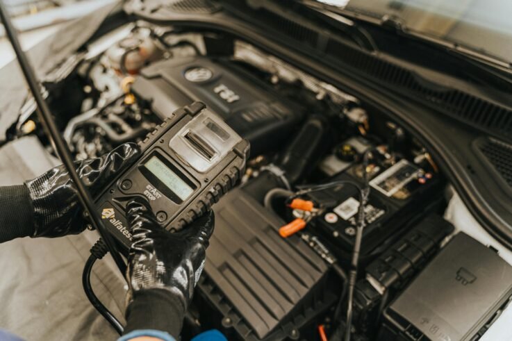 Technician performing a car battery test on a vehicle at Union Auto Service in Union, NJ.